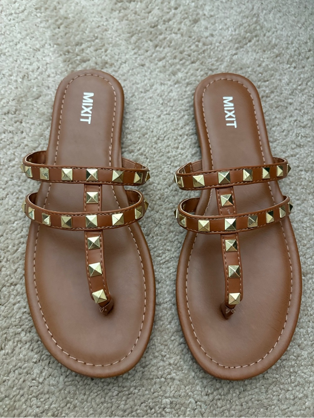 Mixit Brown Triple-Strap Studded Slide Sandals